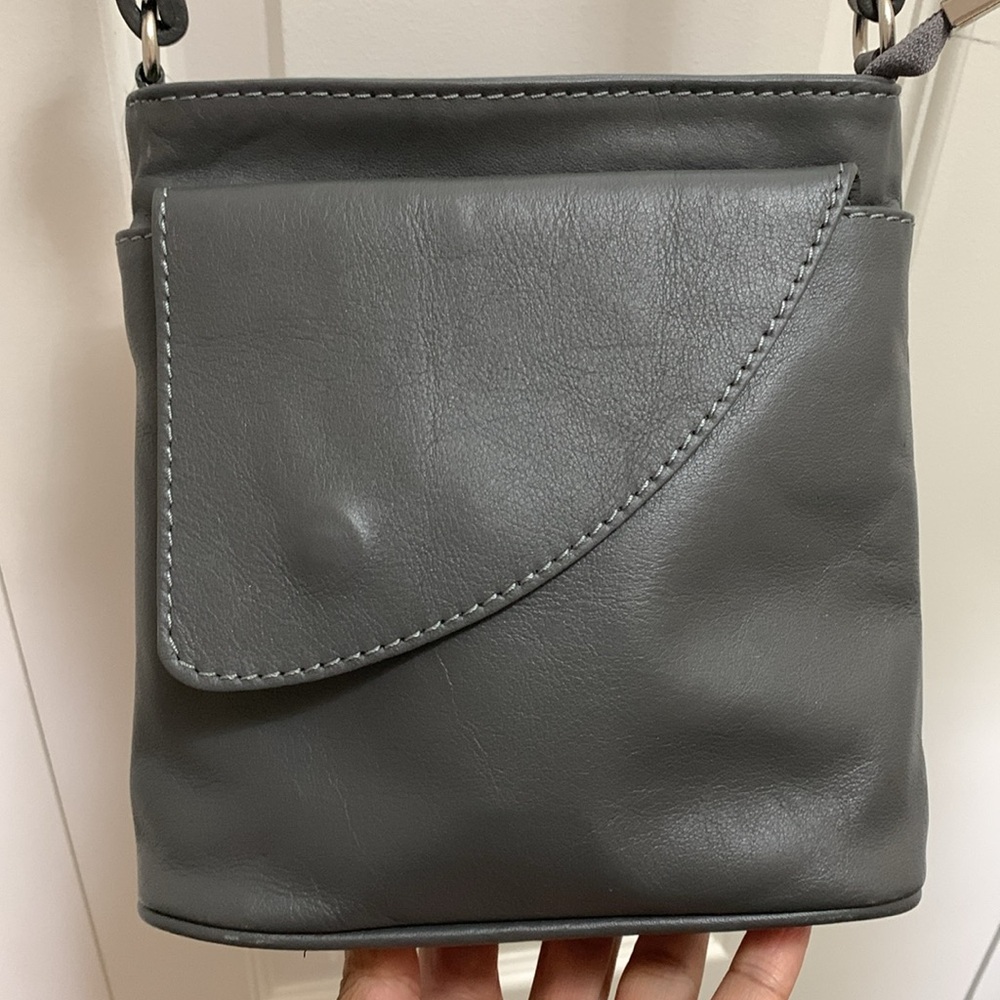 NWT Italian Leather Grey Asymmetrical Flap Front Crossbody Mini Bucket Bag Zip